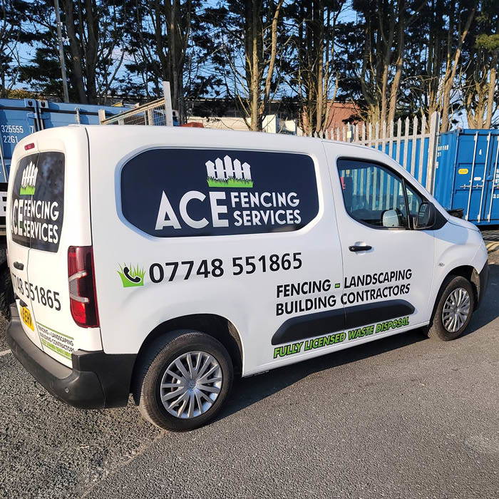 Ace Fencing Services van in Plymouth displaying fencing, landscaping and building contractor branding. Ace Fencing Services van in Plymouth displaying fencing, landscaping and building contractor branding.
